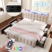 Lit double capitonné 180x200cm, Lit Capitonné avec 4 Tiroirs, éclairage led, tête de lit avec fonction chargement usb, sommier à lattes, lit adulte