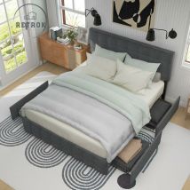Retrok - Lit rembourré avec 4 tiroirs, lit double avec sommier à lattes, lit rangement, tête de lit réglable en hauteur et design de couture carrée,