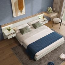 Hauss Spole - Lit adulte avec 2 Tables de chevet tiroir, lit double, bande led, chargement usb, bois, Blanc+naturel, 160x200 cm, Sans matelas