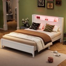 Lit double en bois massif 140x200cm, avec étagères ouvertes, bande lumineuse led d'ambiance jaune chaud, lit plat, pin + mdf - Blanc