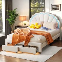 Sureh - Lit double enfant 140x200 cm,lit enfant avec tiroirs et lumières LED,cadre de lit avec sommier à lattes,lit fille,lit ado,blanc