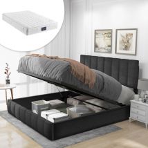 Lit adulte rembourré, tête de lit réglable, avec sommier à lattes, espace de rangement, 140x200cm, en tissu, gris (avec matelas)