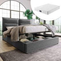 Lit coffre double tête de lit réglable, sommier à lattes avec structure en métal et espace de rangement, velours, Gris (avec matelas) Okwish