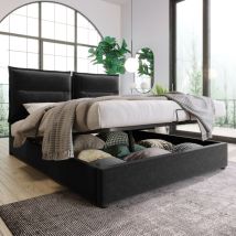 Lit coffre double tête de lit réglable, sommier à lattes avec structure en métal et espace de rangement, velours,Noir (sans matelas) Okwish