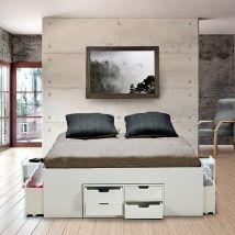 Lit double JAZZ 160x200 7 tiroirs + 2 chevets / Blanc/ 202x164x45