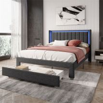 Fortuna Lai - Lit double led 160x200cm, avec 1 grand tiroir, sommier à lattes et tête de lit avec usb et Type c, tissu en lin, gris