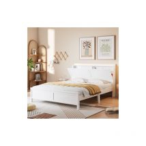 Wishdor - Lit double Lit adulte Lit ados 140 x 200 cm avec bande de lumière et étagère ouverte, blanc