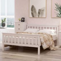 Homeinbox - Lit double en bois 140 x 200 cm, lit en bois massif avec sommier à lattes, lit en pin pour adultes, enfants, adolescents, blanc - RWLit