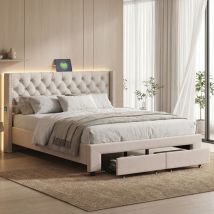 Doppelbett 140x190 Cm Für Erwachsene, Gepolstertes Bett Mit Steppmuster, Led-beleuchtung Und 2 Schubladen, Bettgestell Aus Samt Mit Usb-anschluss, 