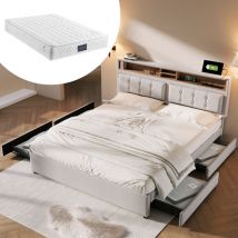 Lit double avec 4 tiroirs & prise USB C, lit capitonné 140x200cm, tête de lit réglable en hauteur, sommier à lattes en bois (avec matelas) beige