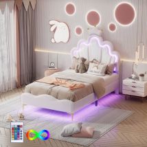 Wishdor - Lit simple Lit enfant 90 x 200 cm avec bande lumineuse led, en cuir pu, blanc