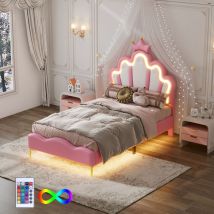Lit simple Lit enfant 90 x 200 cm avec bande lumineuse LED, en cuir PU, rose