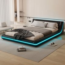 Fortuna Lai - Lit double plat 140x200cm, lit adulte au sol, cadre de lit avec led, sommier à lattes et tête de lit, pu, noir