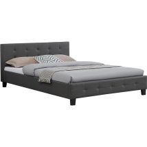 Lit double mathieu, 140 x 190 cm, capitonné avec sommier, revêtement synthétique gris