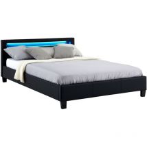 Lit led double pinot 140x190 cm, avec sommier, revêtement synthétique noir