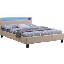 Lit led double rioja 140x190 cm, avec sommier, revêtement tissu beige