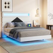 Lit Double Rembourré 140 X 190 Cm, Velours, Avec Éclairage Led Rgb, Équipé De Prises Usb, Type-c Et Euro, Lit Pour Adulte, Conception Anti-collision, 