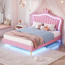 Lit double rembourré 140x200 cm, avec éclairage led, sommier à lattes, dossier coque, diadème, cuir pu, adapté aux enfants, adolescents - Rose