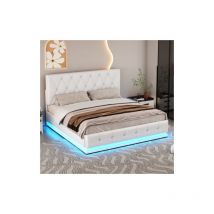 Lit double rembourré 140x200 cm avec éclairage led et espace de rangement relevable hydrauliquement, sommier à lattes, en similicuir, blanc