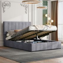 Lit rembourré 140200cm, lit double avec espace de rangement pour lit à relevage hydraulique, tête de lit rembourrée réglable en hauteur, sommier à