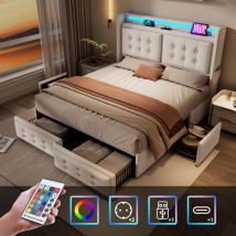 Hauss Spole - Lit double rembourré 140x200cm, lit adulte avec 4 tiroirs, led + usb c, charge 300 kg, sans matelas, coton lin, beige