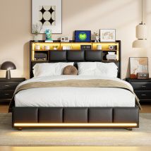 Lit Double Rembourré 140 X 200 Cm Avec Éclairage Led Réglable, Matériau Pu, Lit Coffre, Tête De Lit Avec Étagères, Lits Adulte Et Ado, Usb Et Prise 