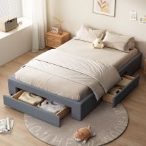 Modernluxe - Lit double rembourré 140x200cm sans tête de lit - avec 3 tiroirs - Tissu en Lin - Gris