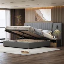 Lit double rembourré 180x200 cm, avec dossier, liseuse, port de charge usb, tissu velours- Gris