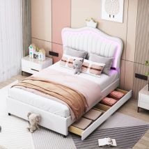 Lit double rembourré 90x200 cm, avec deux tiroirs de rangement avec lumières led, sommier à lattes, dossier coque, diadème couronne, cuir pu, adapté