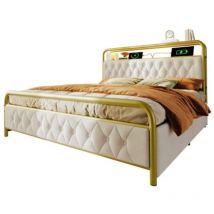 Lit double rembourré avec chargement usb, cadre en métal, 4 tiroirs