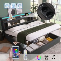 Lafomukea - Lit double rembourré avec fonction de chargement usb, tête de lit avec espace de rangement et éclairage led, lit double 160x200cm avec