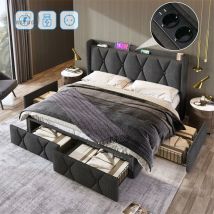 Lit double rembourré, cadre de lit en lin avec 4 tiroirs, sommier à lattes en bois, tête de lit avec chargement USB, gris 160x200cm