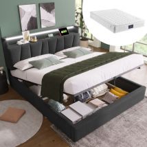 Lit coffre 140 x 200 cm, lit double rembourré avec chargement usb et led, lit adulte, gris - matelas Inclus