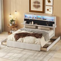 Fortuna Lai - Lit double140x200 cm, avec 4 tiroirs, sommier à lattes et tête de lit rangement avec charge usb et led, en lin, beige