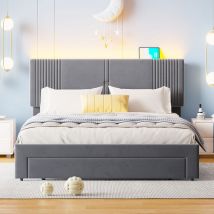 Lit double rembourré en velours 160x200cm - avec LED et Port de charge USB - avec un grand tiroir - Gris