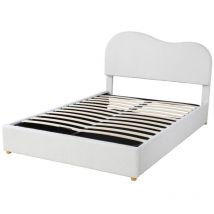 Lit double rembourré hydraulique 140x200cm, cadre en métal avec rangement, blanc