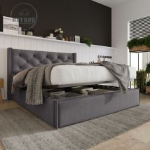 Lit double hydraulique lit rembourré 140x200cm, lit avec sommier à lattes en métal, cadre de lit moderne avec espace de rangement, coton, gris Type A