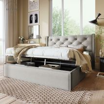Lit double hydraulique lit rembourré 140x200cm, lit avec sommier à lattes en métal, cadre de lit moderne avec espace de rangement, coton, gris clair