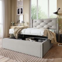 Lit simple hydraulique lit rembourré 90x200cm, lit avec sommier à lattes en métal, cadre de lit moderne avec espace de rangement, coton, gris clair