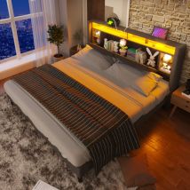 Retrok - Lit double rembourré Lit de rangement Tête de lit avec recharge usb et éclairage led Cadre de lit Sommier à lattes en bois,140200CM