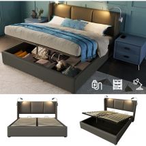 Hommoo - Lit rembourré lit double espace de rangement coffre de lit lampe de lecture avec fonction de chargement tête de lit, espaces de rangement