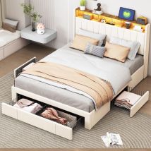Lit 160x200cm, avec 3 tiroirs et tête de lit avec rangement, sommier à lattes, lit capitonné avec ports de charge usb, lit adultes, velours - Beige
