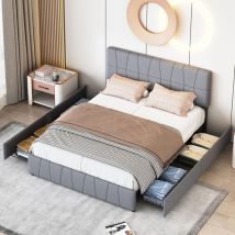 Lit avec tiroir 140x200cm - avec 4 tiroirs de rangement et tête de lit, sommier à lattes, velours, lit adulte Scandinave - Gris