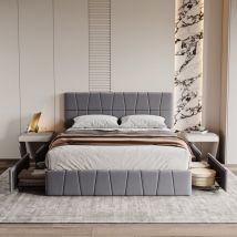 Lit double tiroir 160x200cm - avec 4 tiroirs de rangement et tête de lit, sommier à lattes, velours, lit adulte Scandinave - Gris