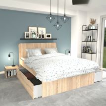 Lit double zenia 140x190 + 2 chevets + 2 tiroirs / Décor Chêne blanchi/ 195x144x100