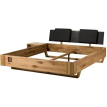Lit en bois de Chêne sauvage avec table de nuit gauche et tête de lit tapissée taupe 180x200 naturel huilé / laqué kitzbühel 166