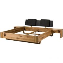 Lit en bois de Chêne sauvage avec tables de nuit et tête de lit tapissée taupe 180x200 naturel huilé / laqué kitzbühel 170