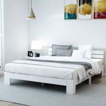 Lit en bois Lit double en cadre de lit avec tête de lit avec sommier à lattes-200 x 140 cm bois massif Lit double utilisable comme lit en pin