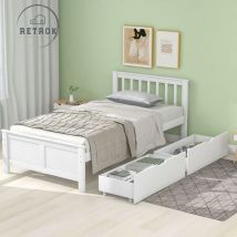 Retrok - Lit en bois, lit simple, lit ado, lit adulte, avec tiroir de rangement, structure en pin, blanc (90x200cm) - white