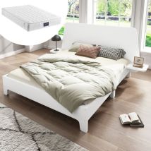 Okwish - Lit en bois massif 160x200cm, cadre de lit double avec tête de lit rangement et sommier à lattes, blanc, matériau de haute qualité, facile à